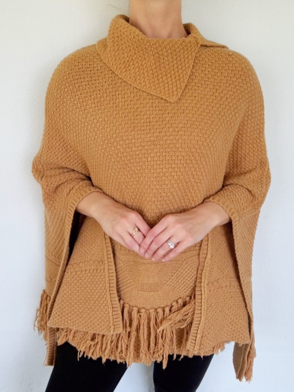 Coldwater Creek brown wool blend tassel fringe poncho sweater one size